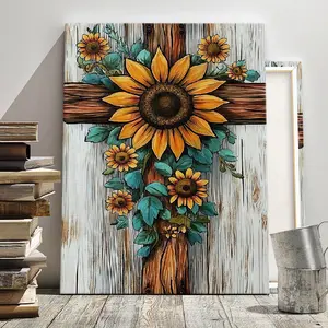 Vintage Sunflower Cross Stitch Art Poster, Sunflower Floral Print, Solid Wood Frame Canvas, Modern Home Decor, HD Waterproof Wall Art, Artwork, Ideal for Living Room & Bedroom