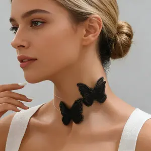 Black Lace Butterfly Invisible Fishline Choker Necklace - Quiet Luxury Trendy It Girl Ins Aesthetic Romantic Statement Jewelry accessories for women valentines gifts for gf
