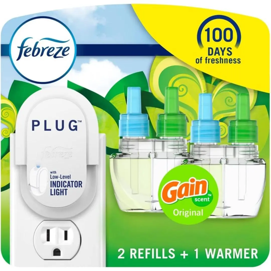 Febreze Plug in Air Freshener, Odor-Fighting Scented Oil Starter Kit, Air Fresheners for Home and Bathroom and Kitchen, Long Lasting for Strong Odors, Gain Original Scent, Warmer + 2 Refill P&G