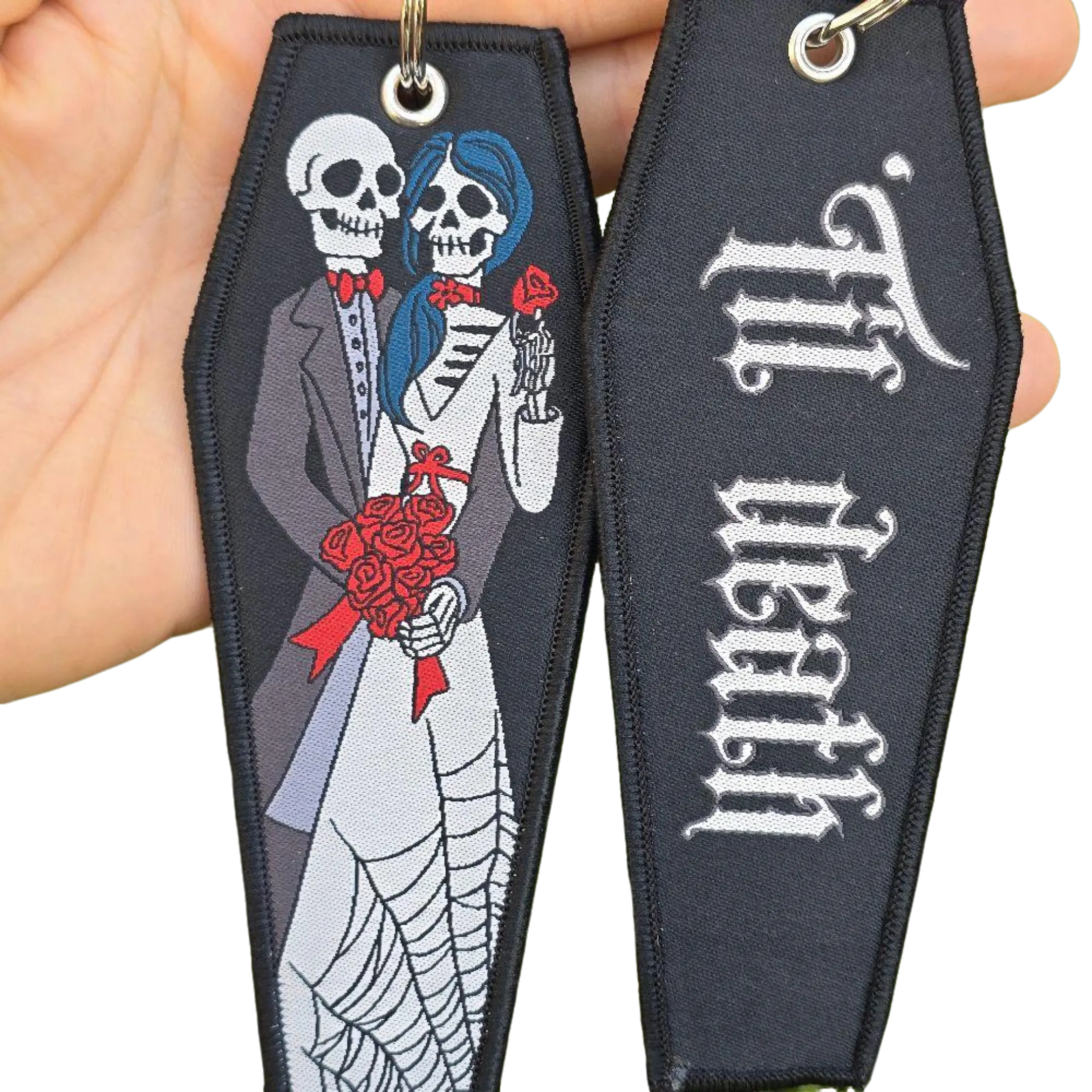Sugar Skull Wedding 'Til Death - Coffin Shaped Woven Jet Tag