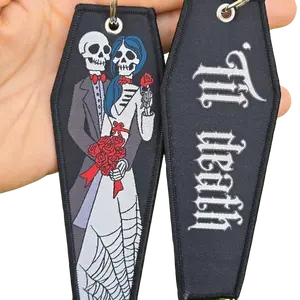 Sugar Skull Wedding 'Til Death - Coffin Shaped Woven Jet Tag