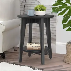 Round Side Table with Lower Shelf, End Table for Small Spaces, Nightstand, Bedroom, Black