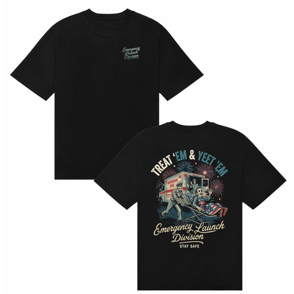 Humorous EMS First Responder Tshirt with 'Treat Em & Yeet Em' Patriotic Skeleton Graphic, Shortsleeve Humorous Tee in Standard Sizes, Casual, Round Neck, Top, Bold Graphics, Streetwear, T-Shirt, Menswear, Skeleton Print, Patriotic Theme, Funny Slogan