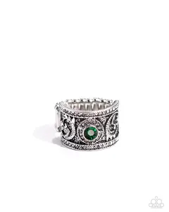 Imperial Intentions - Green Rhinestone Silver Ring - Paparazzi