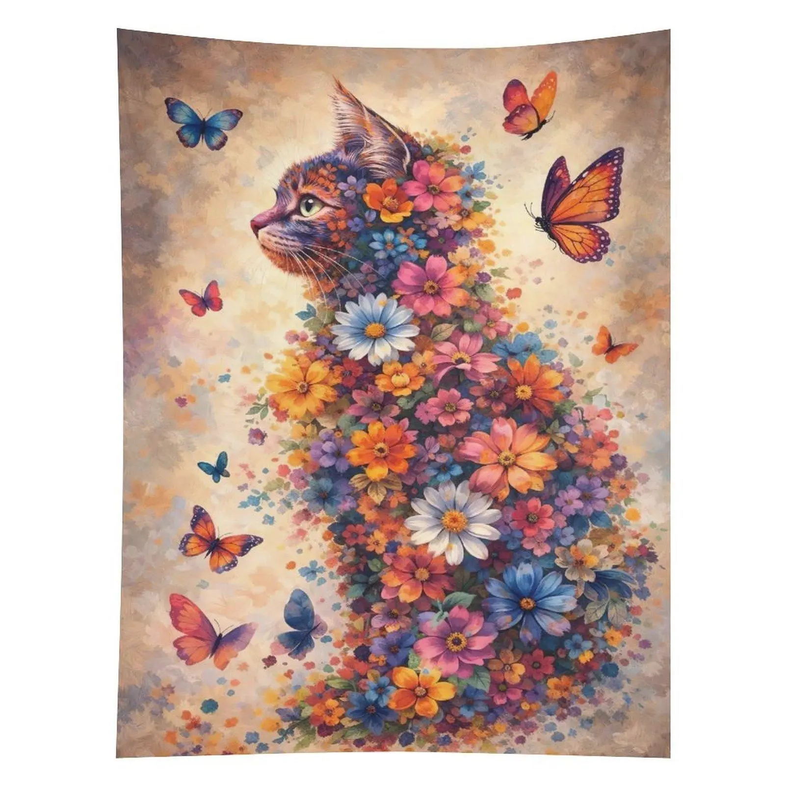 Floral Cat Butterfly Tapestry Colorful Cat Portrait Wall Hanging Decor