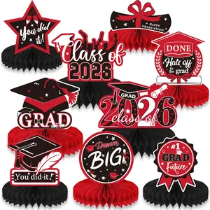 9PCS Black and Red Graduation Party Decorations Class of 2026 Congrats Grad Honeycomb Centerpieces Black Congratulate Table Toppers for Party Favor Supplies Set
