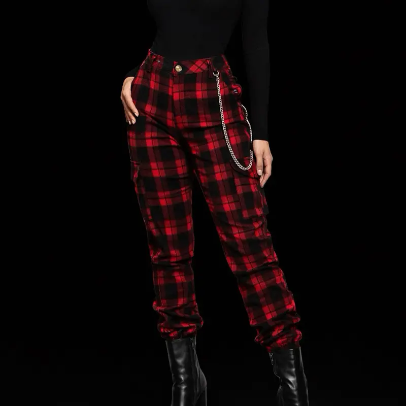 Plaid Chain Pants – Black & Red High-Waisted pants with Chain Detail for Women
