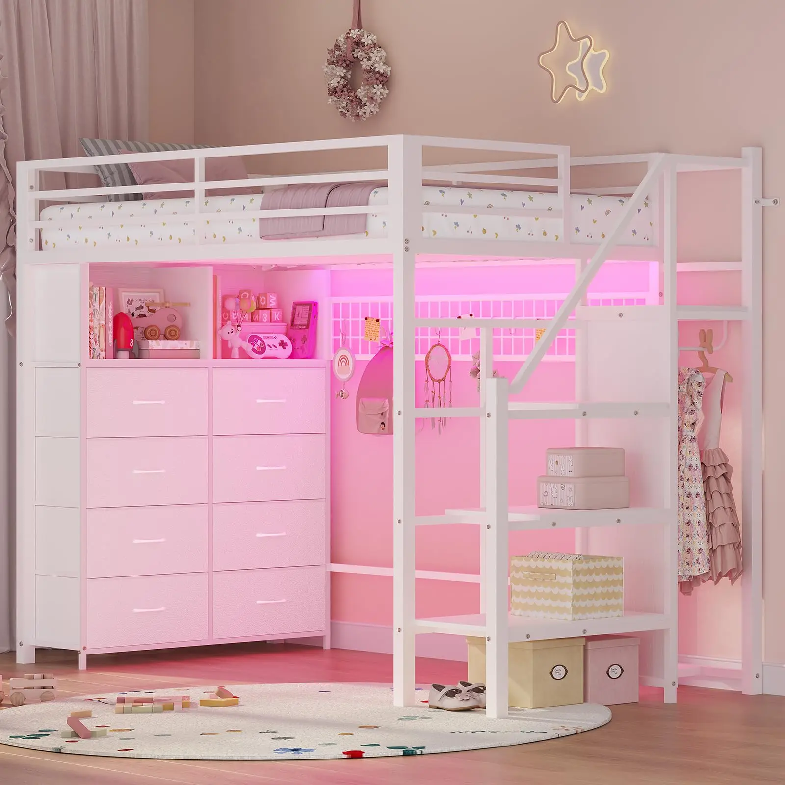 [TiktokShopStockUp] Sikaic Twin Size Loft Bed with Storage Stairs, Metal Loft Bed with 8 Drawers, LED Lights, Power Outlet, Shelves & Wardrobe, 13" High Safety Guardrails and Ladder, Large Under-Bed Storage Space, Home Furniture Christmas Gifts