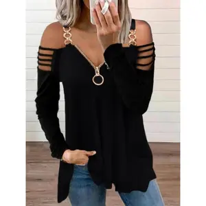 Women's plus size fashionable zipper off shoulder long sleeved top with elegant style, perfect for travel and casual wearRAIMENTRY