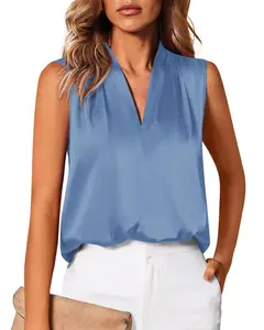 BTFBM Tank Top for Women 2026 Summer Satin V Neck Pleated Sleeveless Blouses Dressy Casual Work Business Casual Outfits