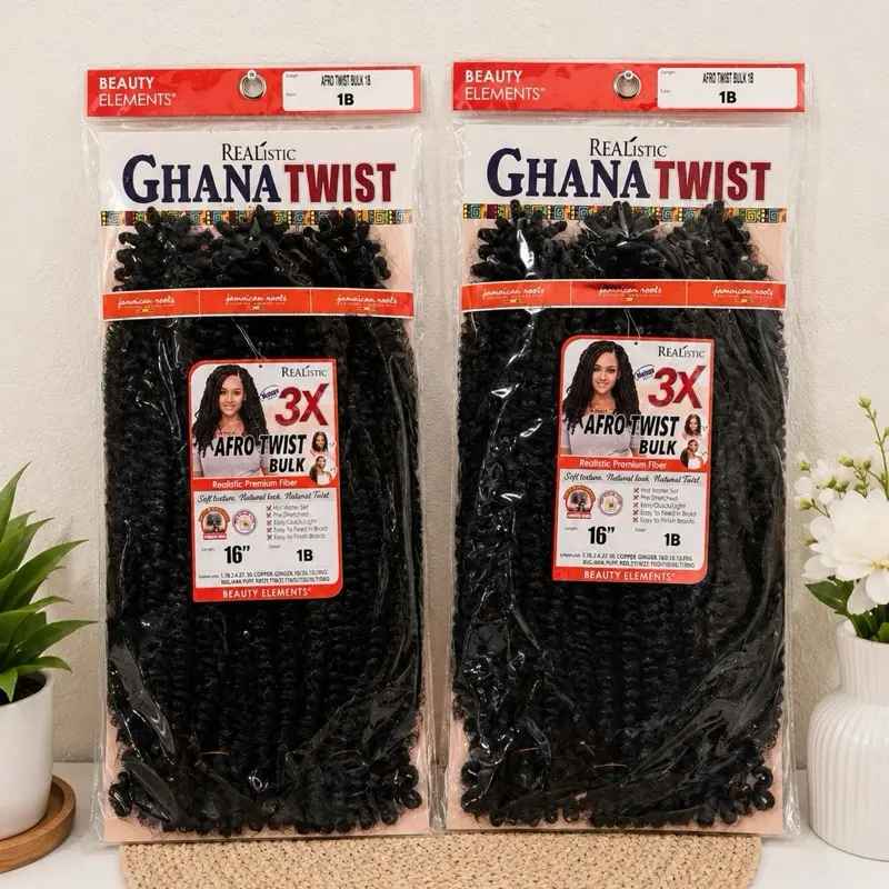 Beauty Elements Realistic Ghana Twist 3X Afro Twist Bulk Hair – 16 Inch, Color 1B