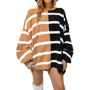 Renaishow Plus Size Womens Striped Pullover Sweater Crew Neck Long Sleeve Knitted Color Block Casual Loose Lightweight Sweaters for Women