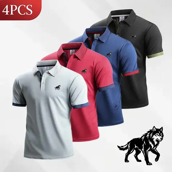 2026 New Summer Short Sleeve Men’s Quick Dry 4-Piece Golf/Tennis Polo Set — breathable, quick-drying, comfortable riding apparel with color-block collar and cuffs; size M, SpringStatements