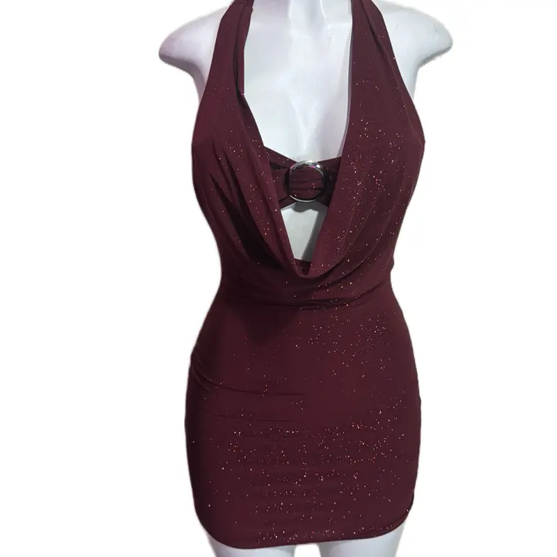 Burgundy Sparkling Dress with Halter Neckline and Keyhole Cutout for Evening Events - TikTok Shop Burgundy Sparkling Dress with Halter Neckline and Keyhole Cutout for Evening Events - TikTok Shop