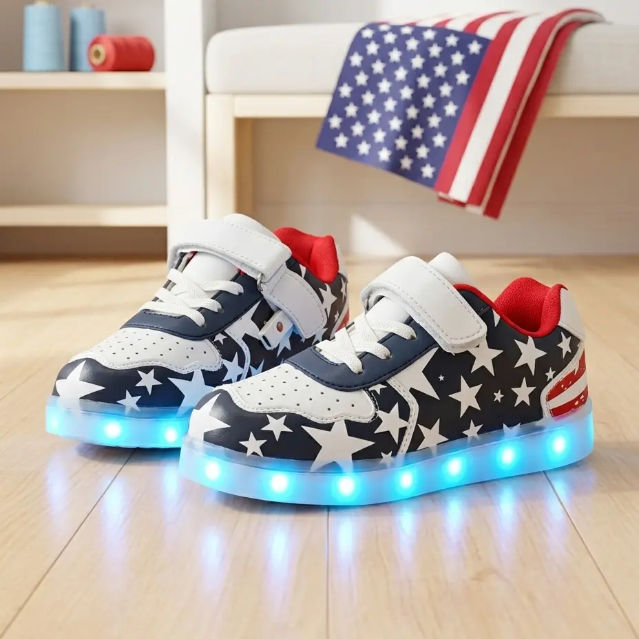 Kids LED Sneakers for Boys Girls Hook&Loop Low Light Up Shoes LED USB Recharging America Flag Pattern Patriotic President Independence Fashion Children's Glowing Shoes Toddler Sneakers With Lights USA Flag Themed Star Print