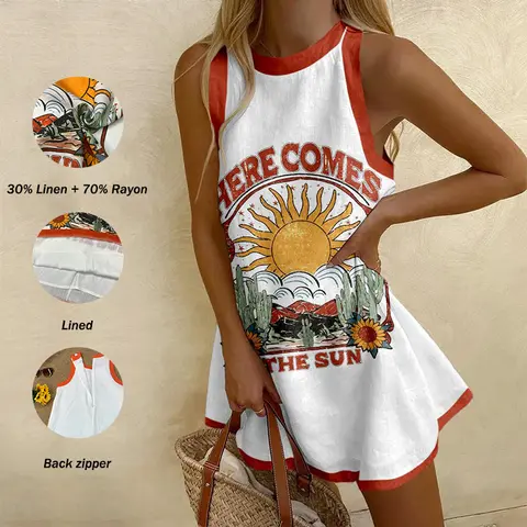 Women's Fitted A-Type Sleeveless Crew Neck Floral "Here Comes The Sun" Cartoon Illustration Print Above-Knee Mini Dress - 30% Linen 70% Rayon, Elegant Chic, Do Not Iron, for Spring Summer Going Out