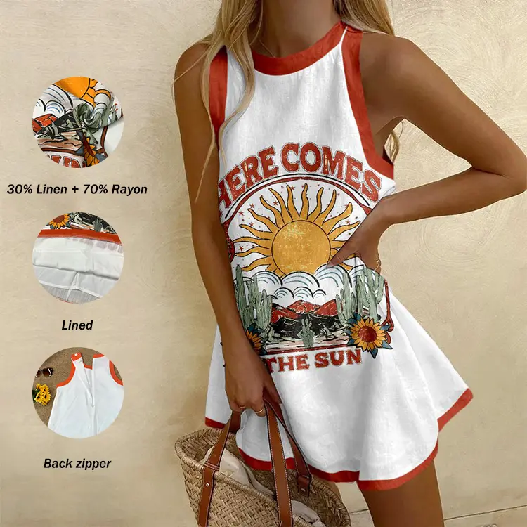 New launching 30% linen and 70% rayon.Here Comes The Sun Prints Mini Dress Women's Illustration Pattern  Printing Dress, Elegant Chic Sleeveless Dress For Spring and Summer ,Boho Clothing For Daily Wear ,Bohemian Womenswear