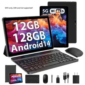 Android 14 Tablet Bundle, 10.1" IPS HD Display, 6GB Native RAM (Supporting 12GB Expand) + 128GB ROM (Up to 1TB Expandable), Quad-Core, 8000mAh Battery, Dual-Band WiFi, Keyboard, Mouse, Stylus & Case, WiFi-Only Tablet PC for Work, Study & Entertainment