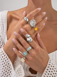 7-Pieces Silver Color Ring Set, European Style Irregular Hammer Texture Stackable Rings, Hypoallergenic Non-Fading Luxury Jewelry
