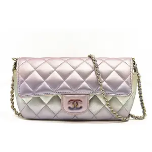 Pre-owned CHANEL leather Shoulder Bags Gradient Metallic Calfskin Quilted Glasses Case With Chain Silver Blue Yellow Purple