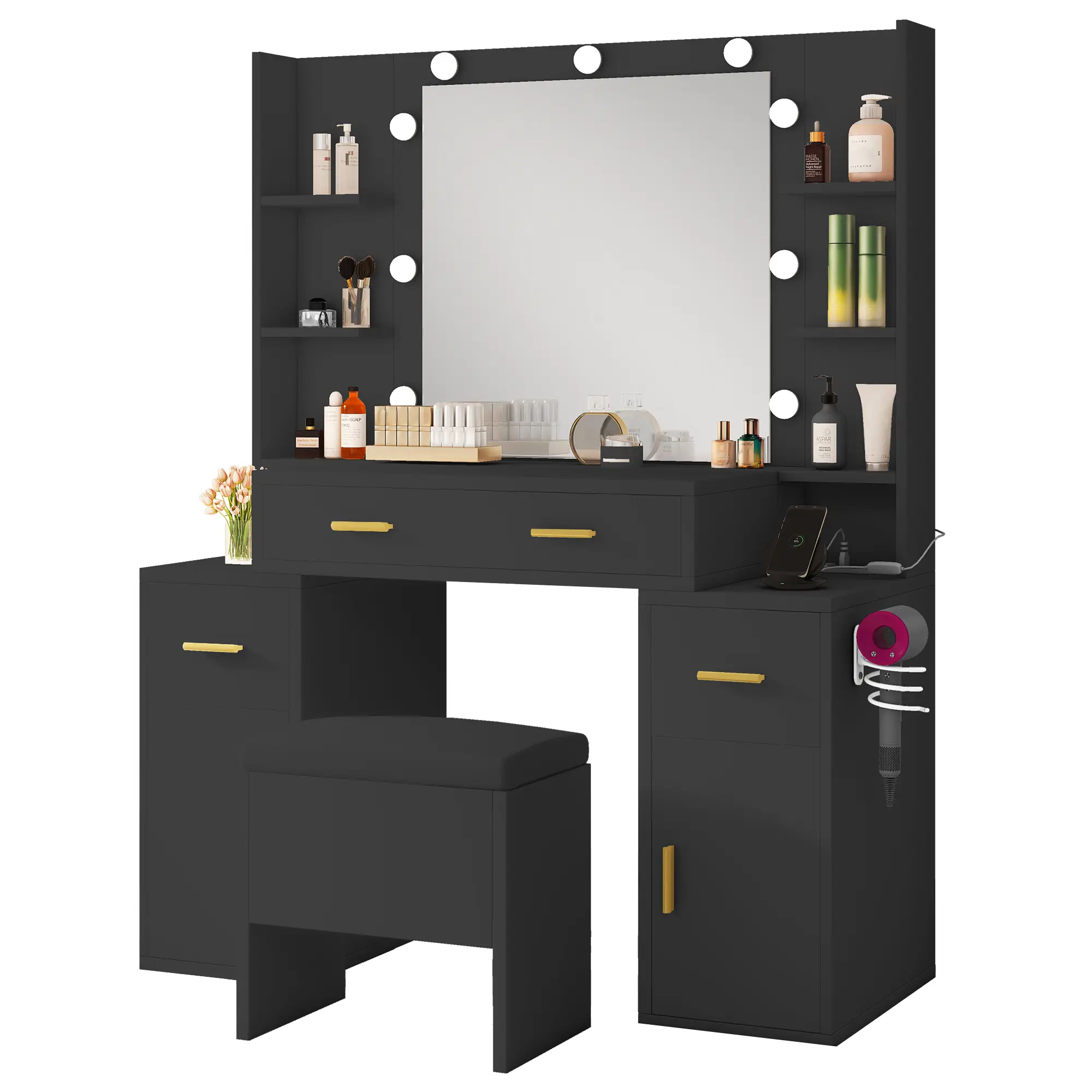 Yitahome Makeup Vanity Desk with Mirror and Lights, Large Vanity Set with Charging Station, Dressing Table with Storage Bench, Makeup Vanity Mirror wi