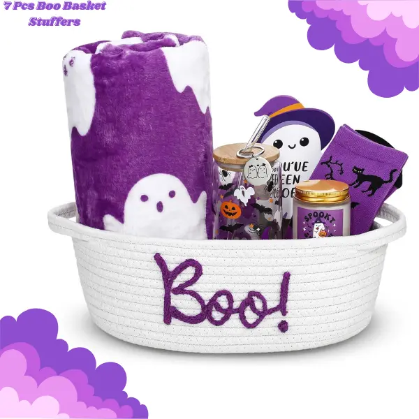 7PCS Boo Basket Gifts for Women, Cute Halloween Gift Set with Ghost Blanket, Tumbler, Candle, Socks, Keychain & Woven Basket, Spooky Gift for Friends & Girlfriend