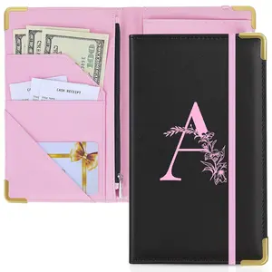 Server Book, Alphabet Server Books for Waitress, Leather Waitress Book with Zipper Pocket Serving Book Server Manual Checkbook Fits Server Apron,Pink A