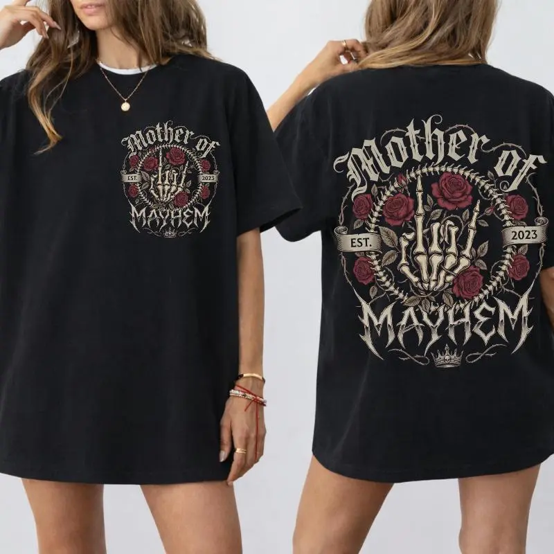 Men's 'Mother of Mayhem' Gothic Graphic T-Shirt - 100% Cotton, Soft Round Neck, Fitted Cut, Seamless Goth Streetwear, All Seasons, Digital Tattoo-Style Print, Fade-Resistant, Lightweight, Foldable, Casual, 5XL Menswear, Digital Print, Soft Cotton, Lightwe