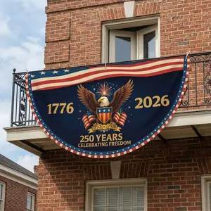 250 Years Celebrating Freedom Semicircular Flag 1776-2026 Patriotic Eagle Fireworks USA Flag Banner, American Independence Day Decor, Semicircle Fan Flag Outdoor Balcony Fence Porch 4th Of July Decoration