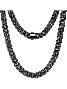 1 Pc Black Silvery Trendy Thick Cuban Link Chain Necklace for Women Men Unisex 303 Stainless Steel Durable Streetwear Jewelry, Fashionable Jewelry Hypoallergenic Comfortable Against Skin Timeless Cuban Curb Design Surprise Gift for Valentine’s Day