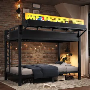 Twin XL over Twin XL Metal Bunk Bed with Storage Shelves and Pegboard, Heavy-Duty Metal Bunk Bed Frame with USB Ports and LED Lights, Space-Saving, for Teens and Adults, Noise Free, Black