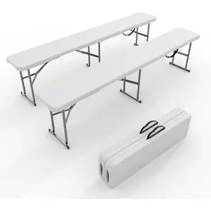 2 Pack Portable Folding Bench 6 Foot, Plastic Foldable Bench HDPE BenchTop with Carrying Handle for Outdoor Picnic Camping Party Sports Activities - White