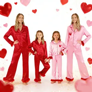 Valentines Day Dad Mommy and Me Pajamas Matching Sets Long Sleeve Lapel V Neck Button Down Tops and Elastic Waist Pants Loungewear Dress Cosplay Clothes Pajamas Set