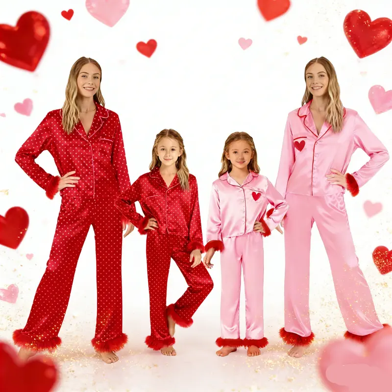 Valentines Day Dad Mommy and Me Pajamas Matching Sets Long Sleeve Lapel V Neck Button Down Tops and Elastic Waist Pants Loungewear Dress Cosplay Clothes Pajamas Set