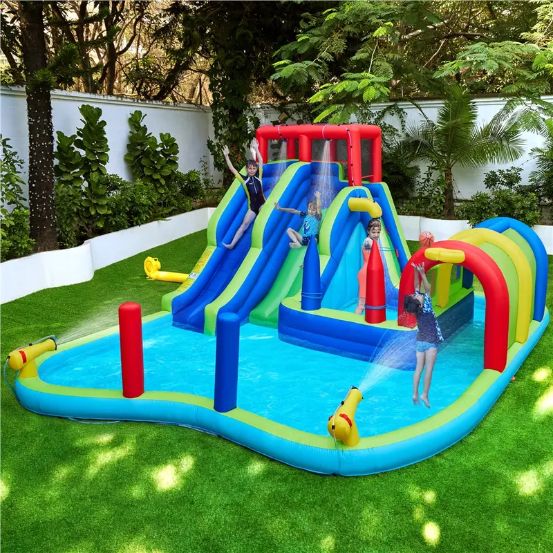 Yaheetech Inflatable Water Slide, Double Lane Water Slide, Combo W/ Storage Bag & 650W Blower, 2 Slides & 2 Pools & 2 Water Cannons & Tunnel & Basketball Hoop & Climbing Wall & Punching Bags & Ring Toss Game, For Kids Aged 3 To 10