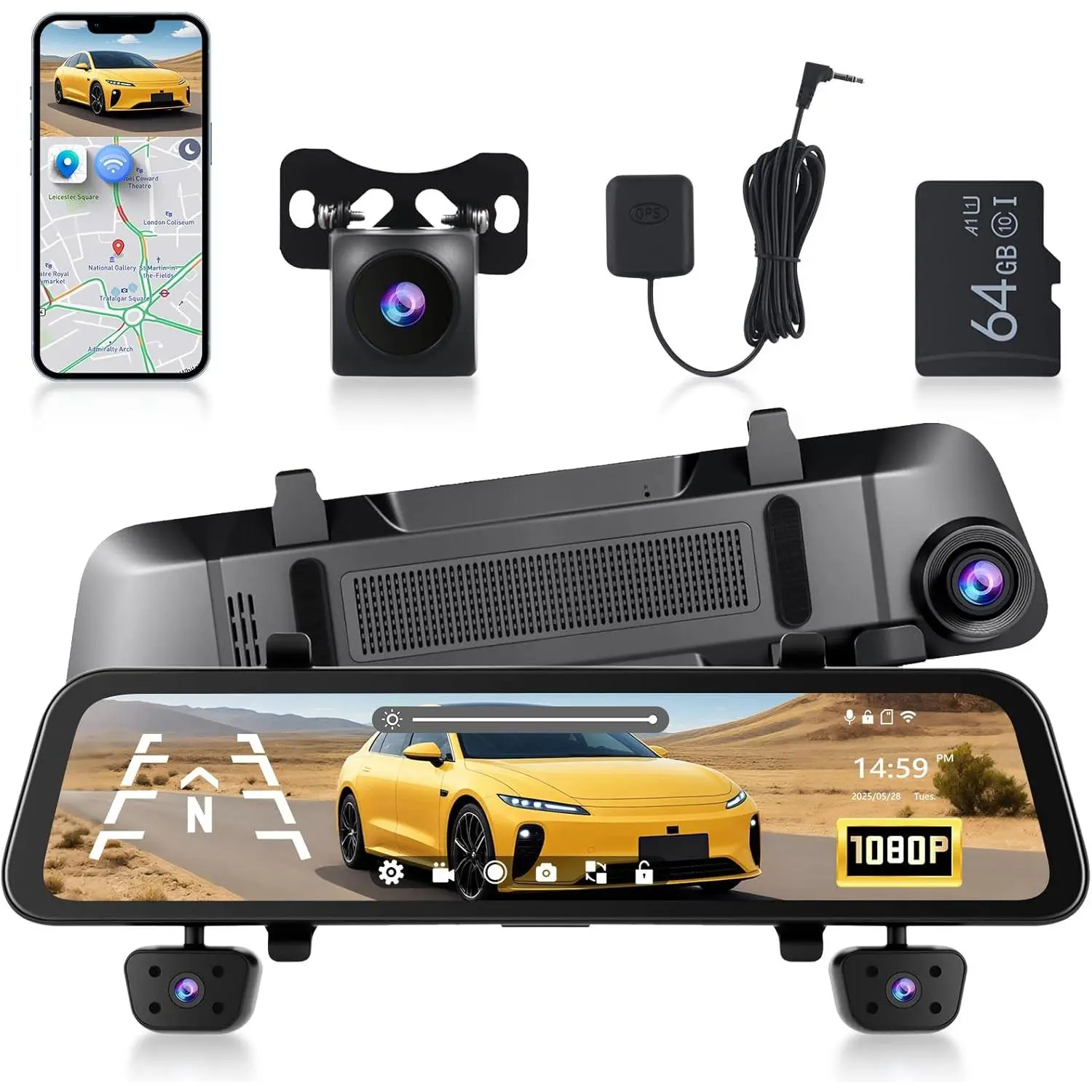 12'' Touch Screen GPS Mirror Dashcam - 4 Channel 1080P HD Multi-Camera Car Cameras, Front/Rear/Inside Recording, G-Sensor, Built-in Wi-Fi, Parking Monitor (SummerVibes Father's Day Gift)