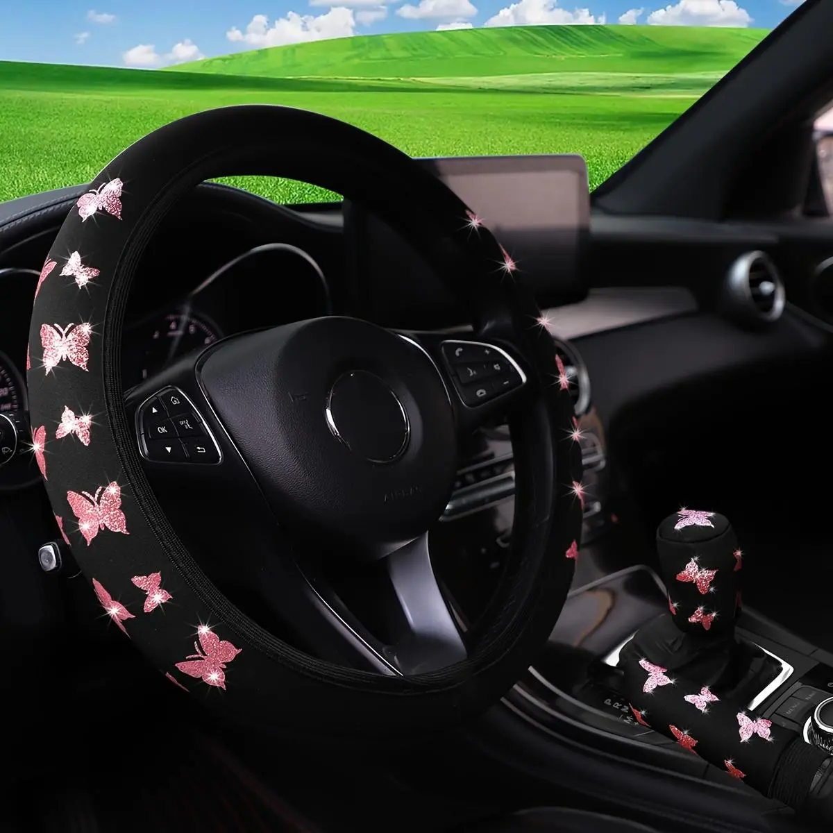 Butterfly Pattern Car Steering Wheel Cover & Gear Cover & Handbrake Cover Set, Automotive Vehicle Interior Decoration Accessories for Women