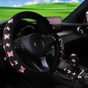 Butterfly Pattern Car Steering Wheel Cover & Gear Cover & Handbrake Cover Set, Vehicle Interior Decoration Accessories for Women