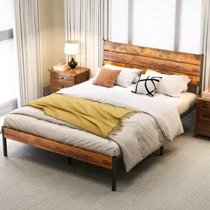 Full Size Metal Bed Frame Headboard 800LBS Support Storage No Box Spring Easy Assembly Brown, Customized