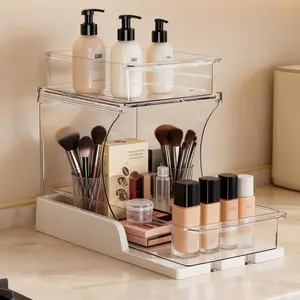 2 Tier Pull Out Makeup Organizer, Rotating Cosmetic Storage Rack for Vanity Bathroom Cabinet, Clear Durable Beauty Organizer for Skincare Cosmetics Toiletries, 2 Pack
