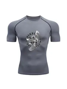 Totem Print Sports Fitness Top, Suitable for Summer Men's Lightweight Quick-Drying Breathable Elastic Comfortable Running Training Compression Fitness Top