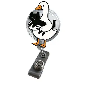 Goose and Cat Badge Reel, Cute Animal ID Holder, Nurse Teacher Office Work Name Badge Clip, Funny Pet Lover Gift, Black Cat Badge Reel