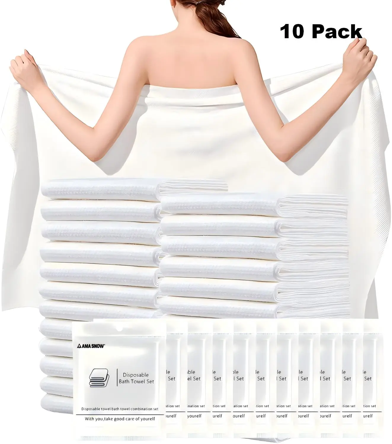 Disposable Towel Set, including 10 bath towels. Each set is individually sealed for easy travel, lightweight and convenient to use, while providing personal hygiene and cleanliness. Ideal as beach towels, perfect for outdoor activities and summer trips.