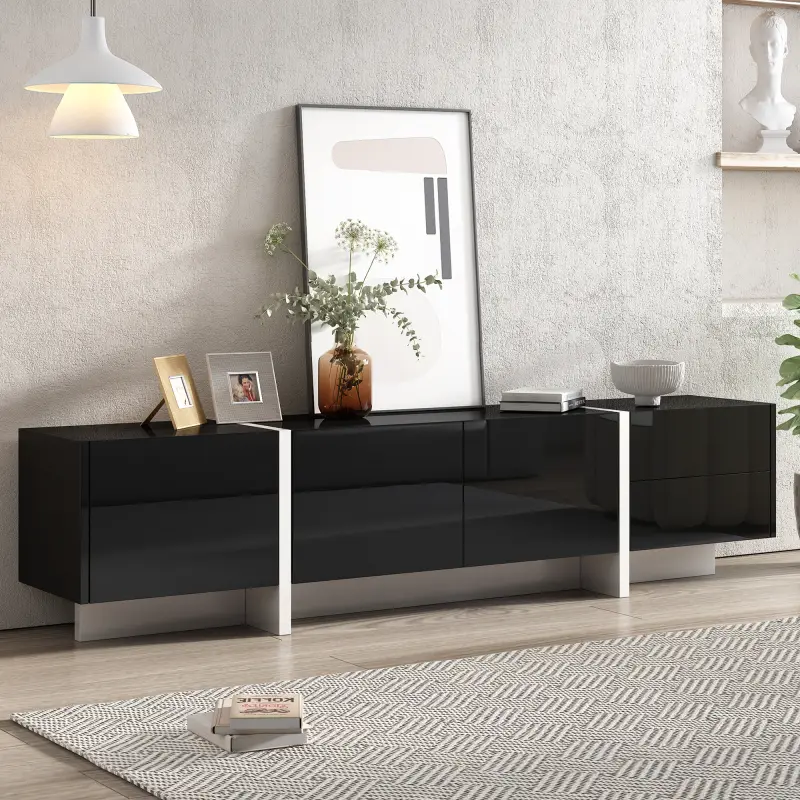 ON-TREND White & Black Contemporary Rectangle Design TV Stand, Unique Style TV Console Table for TVs Up to 80'', Modern TV Cabinet with High Gloss UV Surface for Living Room. (High end and high-quality)