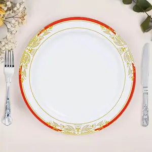 10 Pack White With Red Rim Plastic Dinner Plates, Round With Gold Vine Design 10"