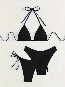 Summer Women'S New Fashion Halter Tie-Up Solid Black Temperament Easy Bikini 3pcs Set