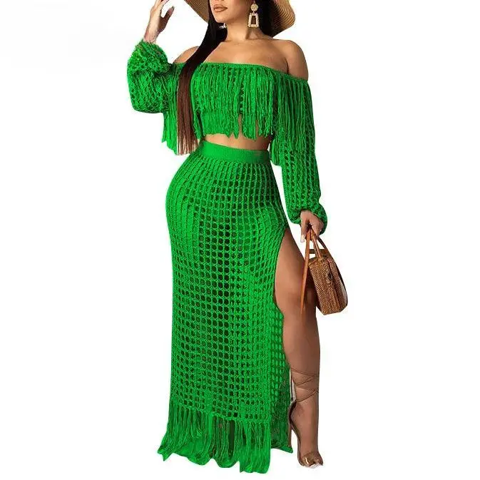 Women's 2-Piece Polyester Knitted Clothing Set - Lady's Lightweight Stretchy Off-Shoulder Cropped Hollow Top & Tassel Skirt, Bohemian Cardigan-Inspired Holiday Beach Women's Clothes