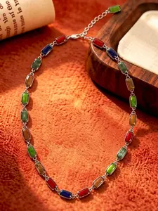 A silver toned colorful square gemstone bead necklace with bright and eye-catching colors, suitable for daily wear, casual dating or vacation scenes.