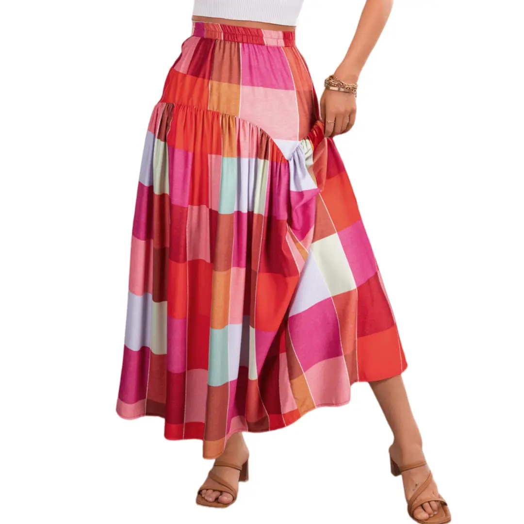Asvivid Women's Loose Plaid Ruched Maxi Skirt - Casual, Flattering Silhouette, Colorful Print Bottoms, Blouse-Matching, Comfortable Vacation Womenswear 1-Piece Deal#DealsForYouDays