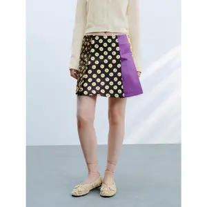 URBAN REVIVO 2026 Spring Women's High-Waist A-Line Polyester Mini Skirt (38-39cm) - Color Block, Polka Dot, Sequin Panel, Patchwork Jacquard Fabric, Medium Stretch, Women's Clothes, Style (UYL550065 Black Light)